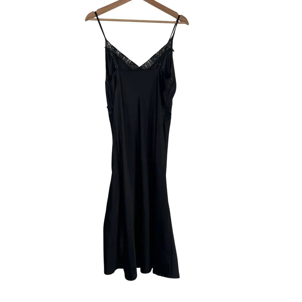 Lulus Black Satin Lace Trim Midi Slip Dress Feminine Adjustable Straps Womens M